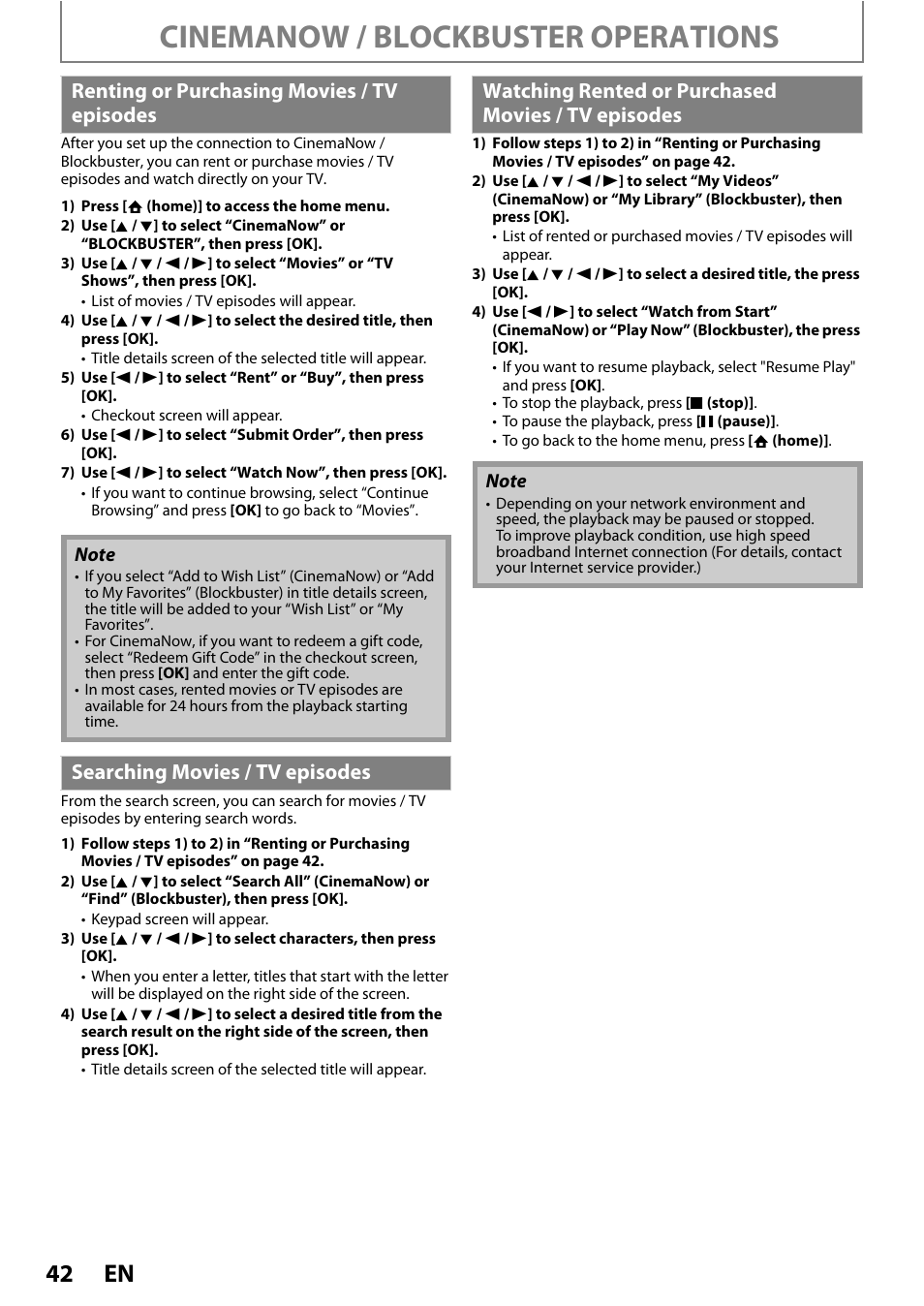 Movies / tv episodes, Cinemanow / blockbuster operations, Renting or purchasing movies / tv episodes | Philips BDP5010 User Manual | Page 42 / 74