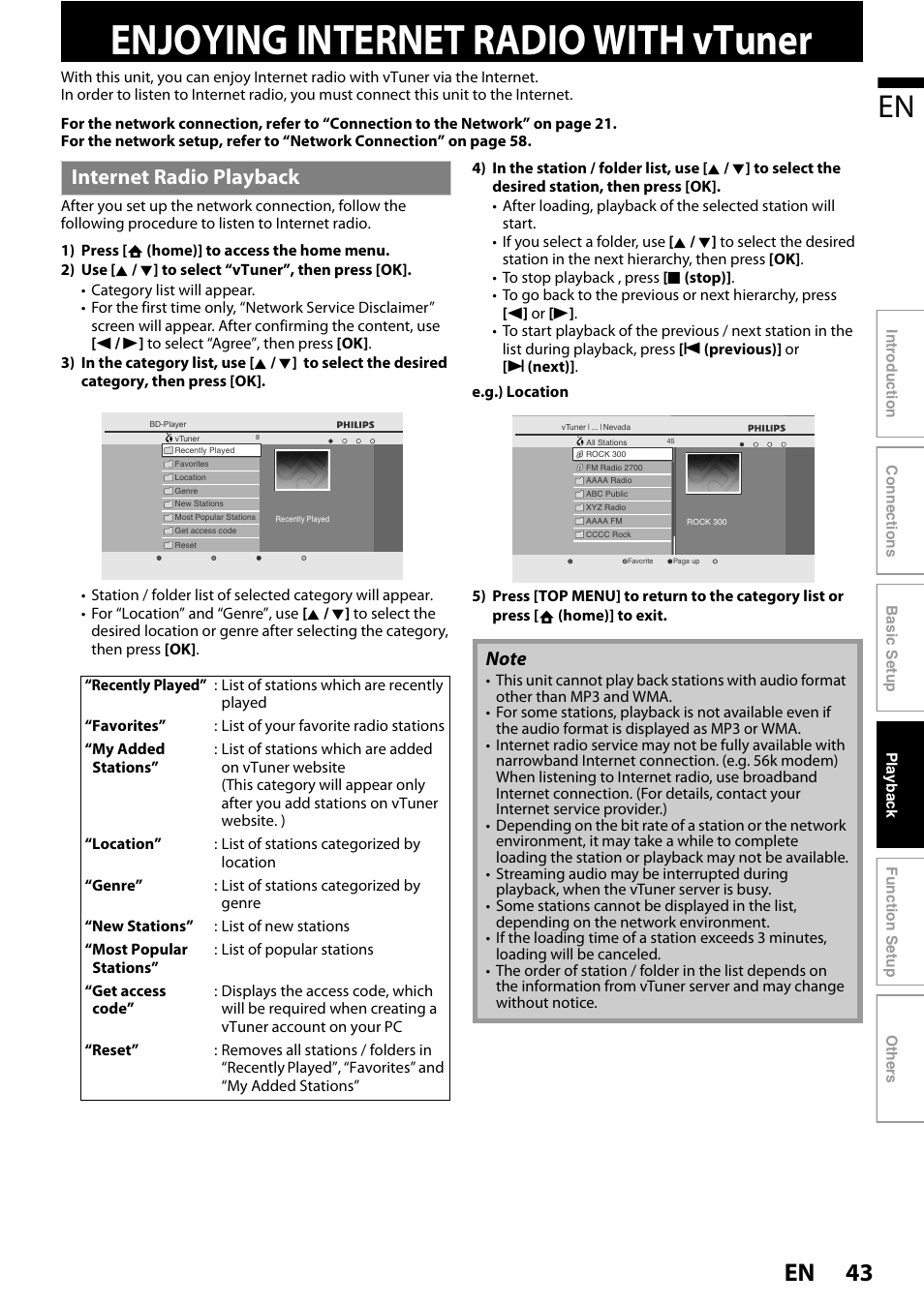 Enjoying internet radio with vtuner, Enjoying internet radio with, Vtuner | Internet radio playback, 43 en | Philips BDP5010 User Manual | Page 43 / 74