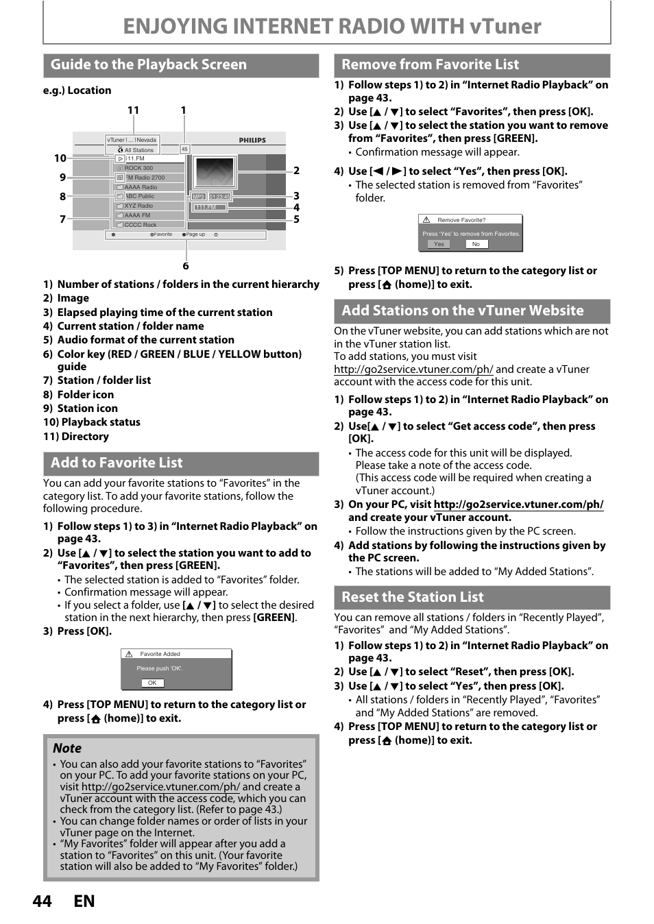 Enjoying internet radio with vtuner, Guide to the playback screen add to favorite list | Philips BDP5010 User Manual | Page 44 / 74