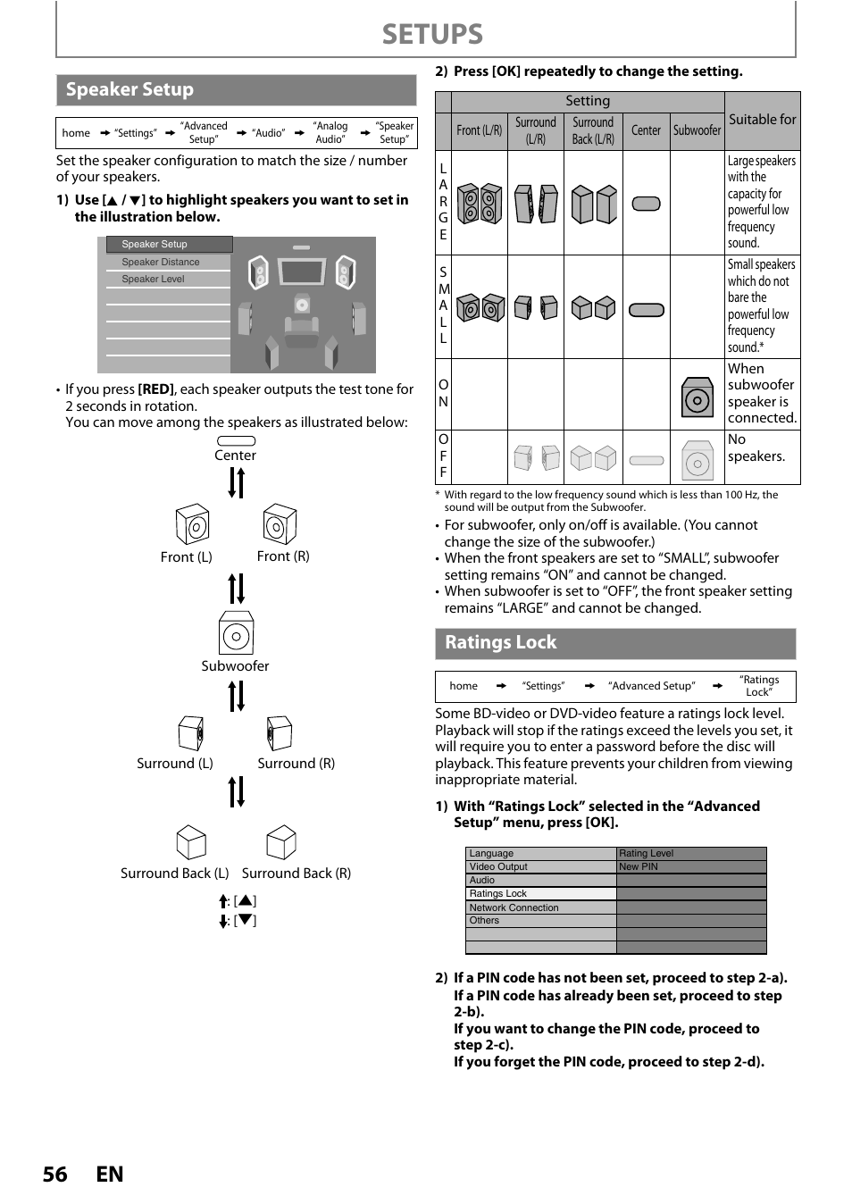 Speaker setup ratings lock, Setups, Speaker setup | Ratings lock | Philips BDP5010 User Manual | Page 56 / 74