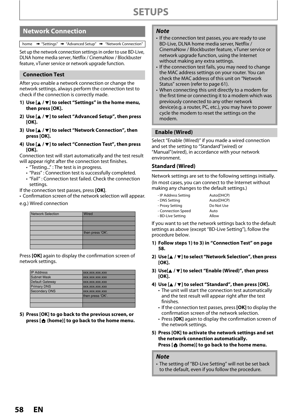 Network connection, R to “network, Setups | Philips BDP5010 User Manual | Page 58 / 74