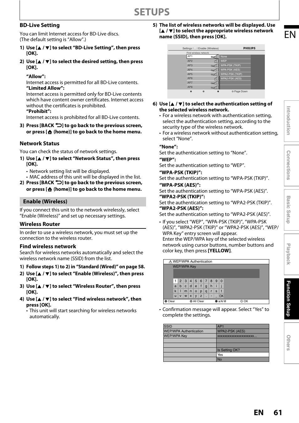 Setups, Bd-live setting, Network status | Wireless router, Find wireless network, Enable (wireless) | Philips BDP5010 User Manual | Page 61 / 74