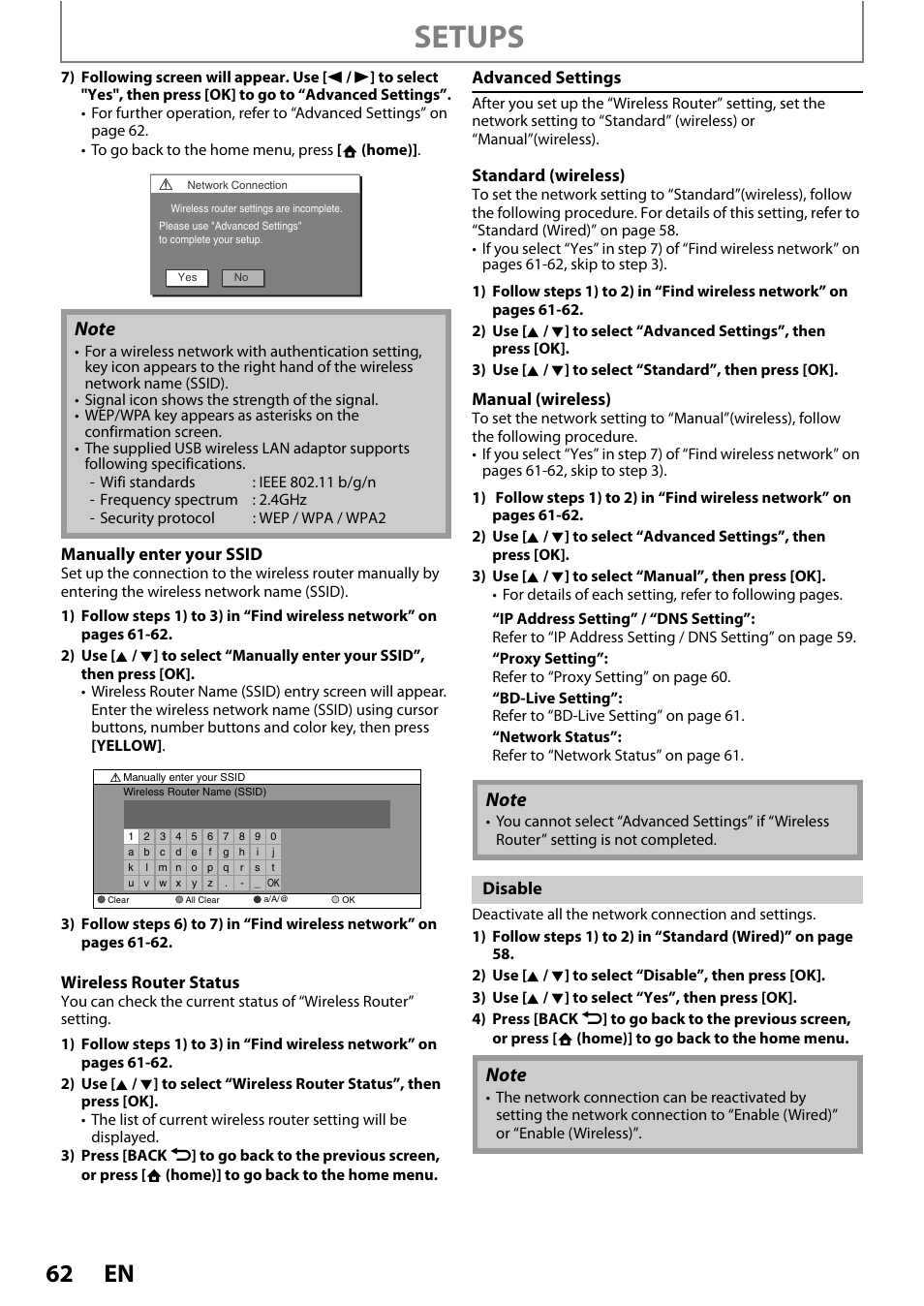 Setups, Manually enter your ssid, Wireless router status | Advanced settings, Standard (wireless), Manual (wireless), Disable | Philips BDP5010 User Manual | Page 62 / 74