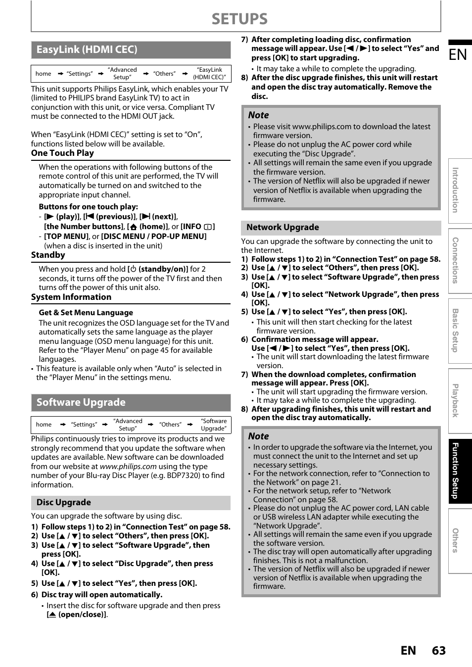 Easylink (hdmi cec) software upgrade, Setups, Easylink (hdmi cec) | Software upgrade | Philips BDP5010 User Manual | Page 63 / 74