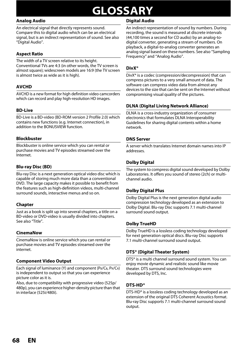 Glossary, En 68 | Philips BDP5010 User Manual | Page 68 / 74