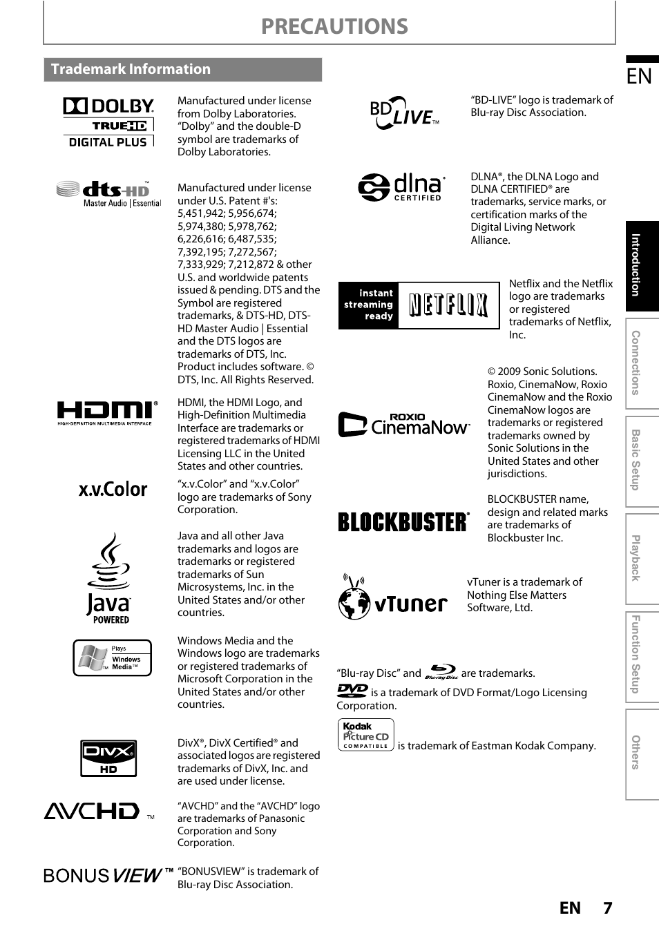 Precautions, Trademark information | Philips BDP5010 User Manual | Page 7 / 74