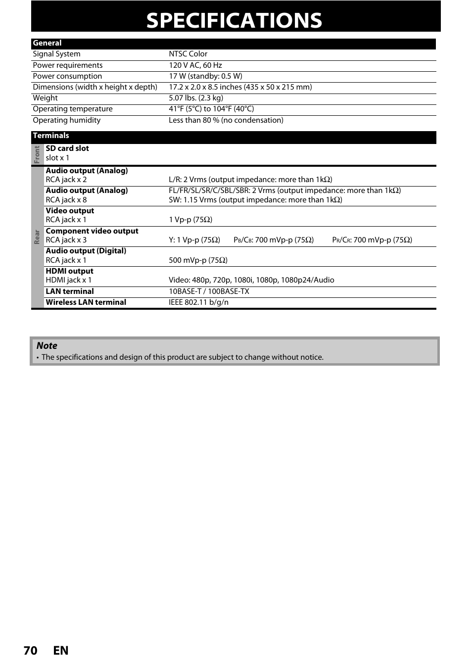 Specifications, En 70 | Philips BDP5010 User Manual | Page 70 / 74