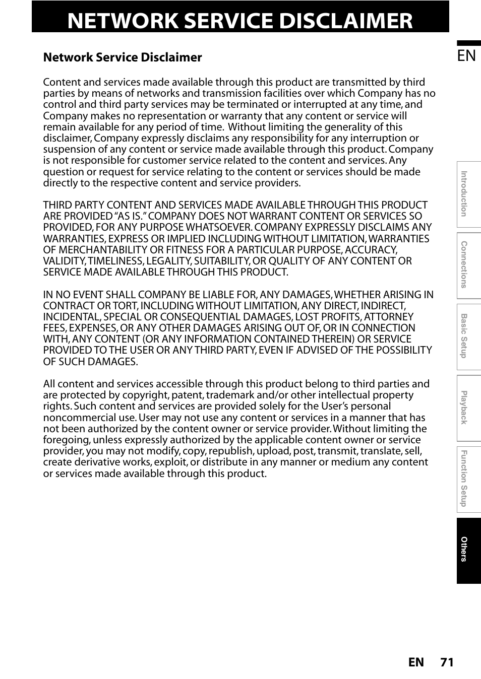 Network service disclaimer, 71 en | Philips BDP5010 User Manual | Page 71 / 74