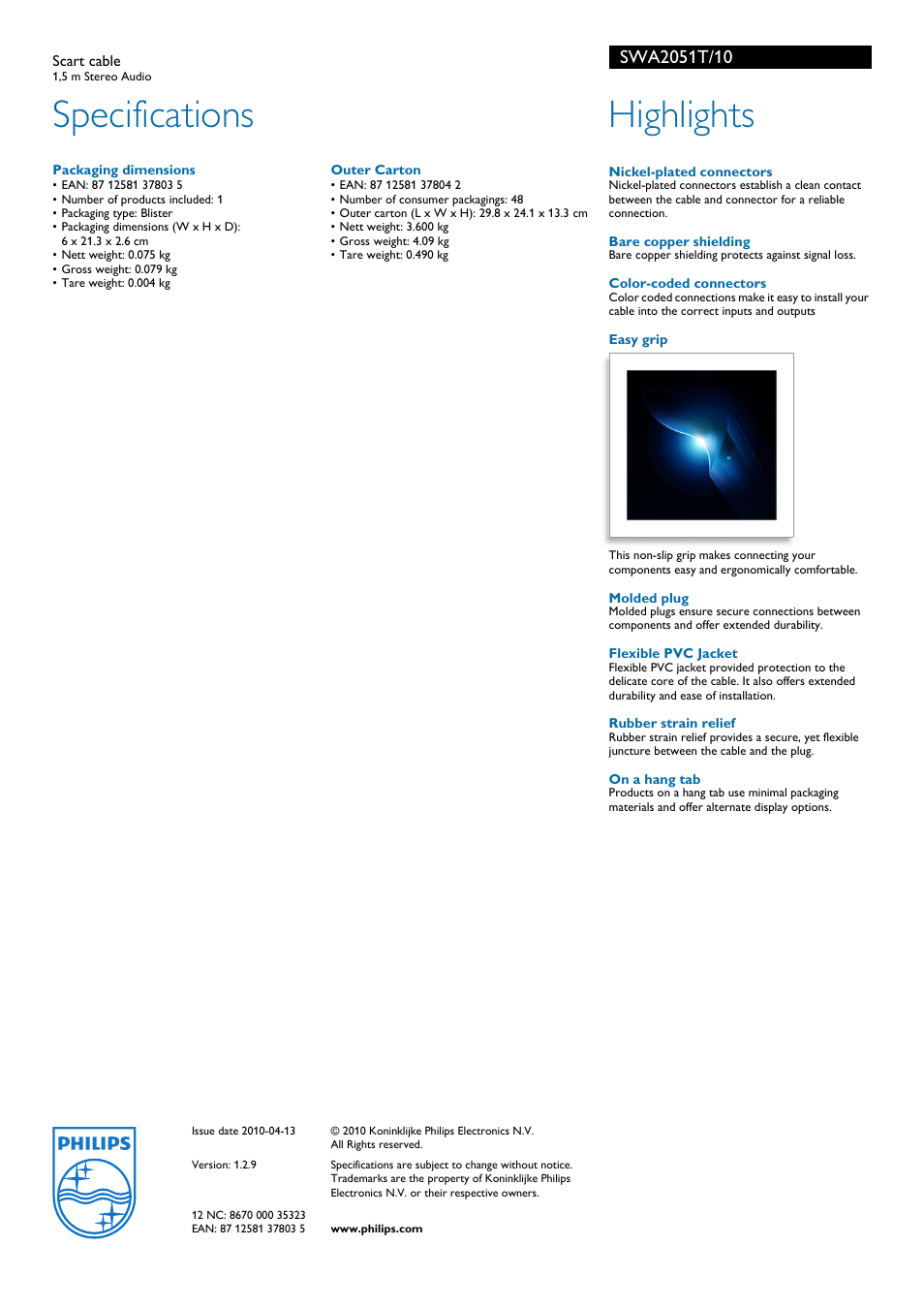 Specifications, Highlights | Philips SWA2051T User Manual | Page 2 / 2