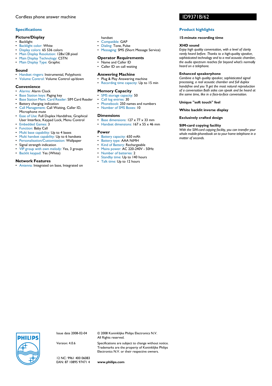 Philips ID9371B User Manual | Page 2 / 2