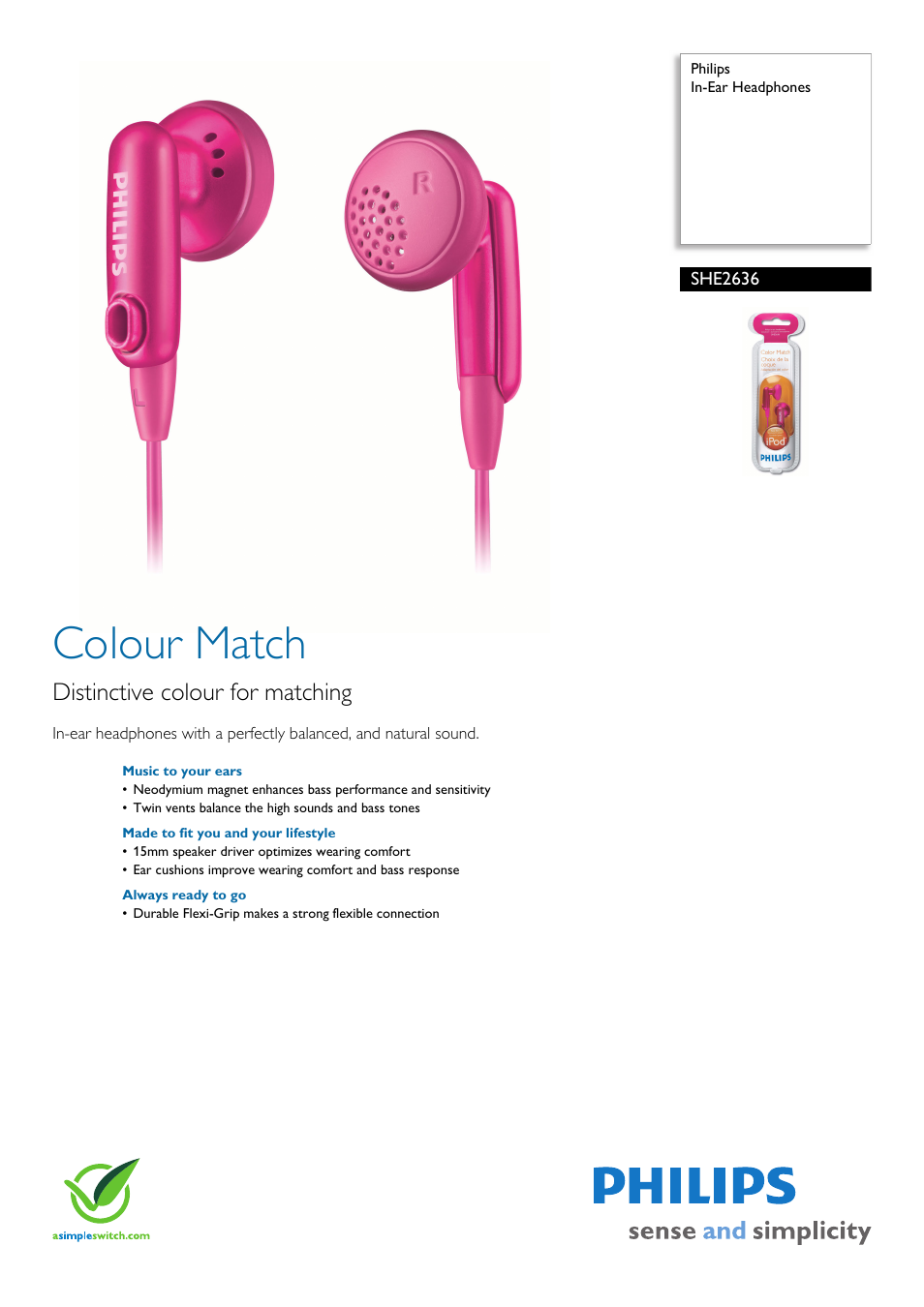 Philips COLOUR MATCH SHE2636 User Manual | 2 pages