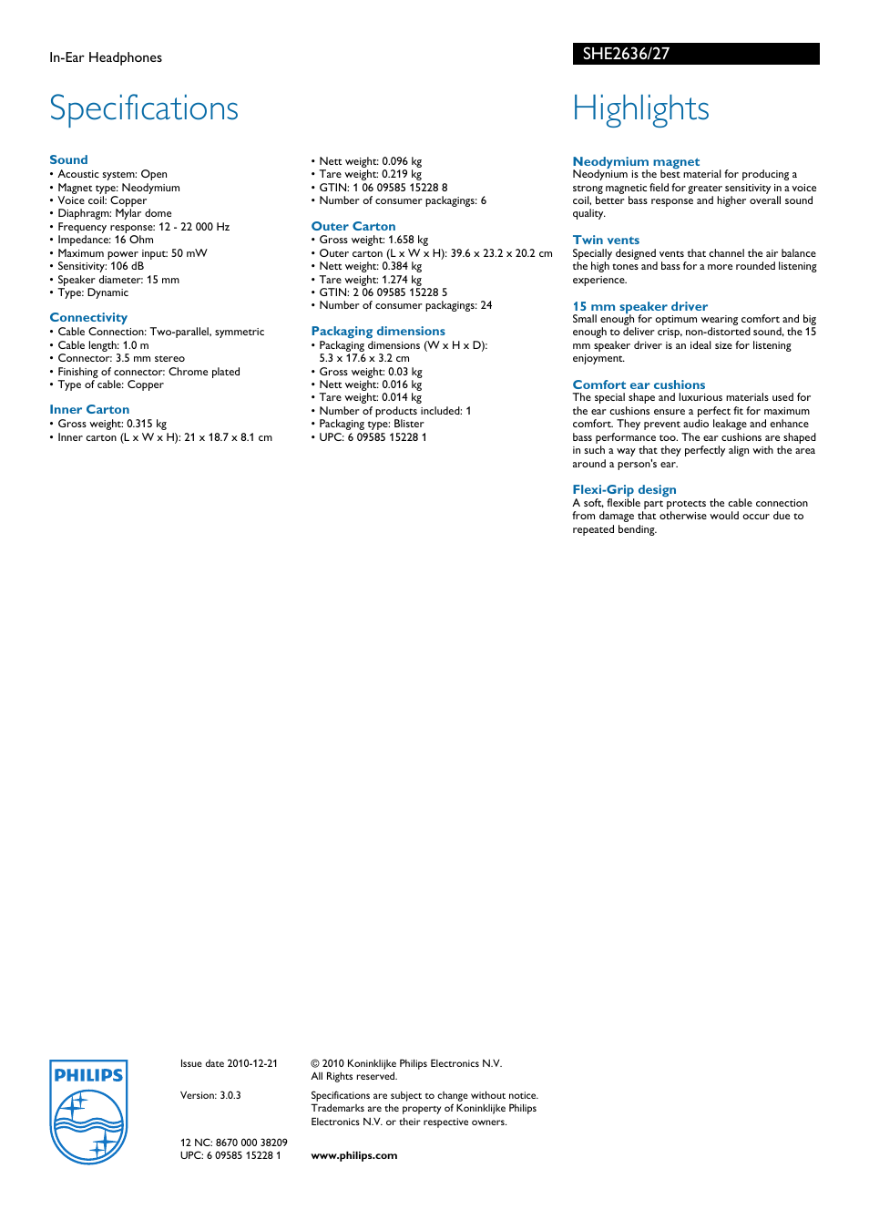 Specifications, Highlights | Philips COLOUR MATCH SHE2636 User Manual | Page 2 / 2