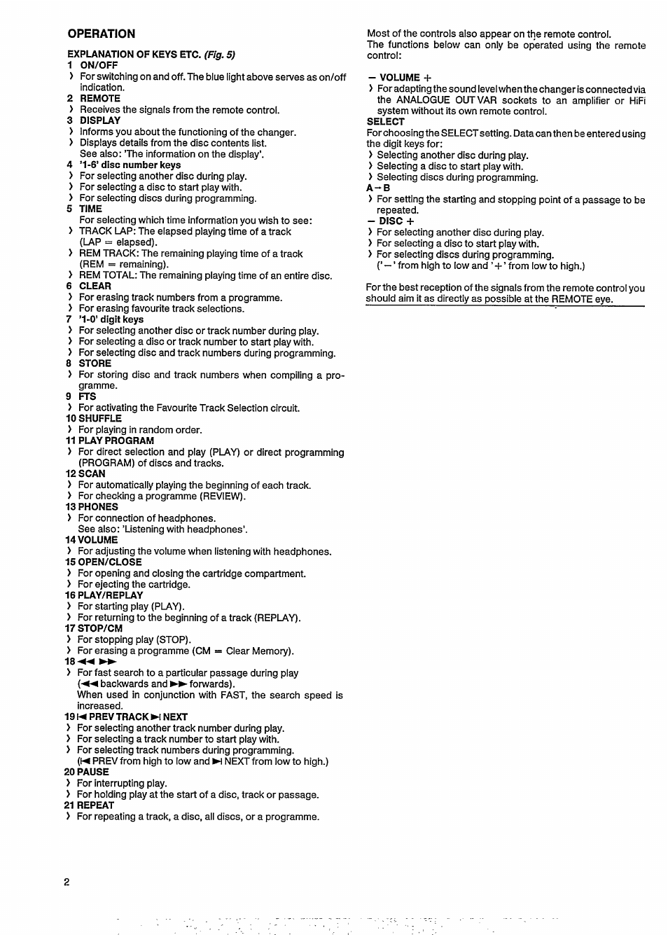 Operation, Explanation of keys etc. (fig. 5), 1 on/off | 2 remote, 3 display, 4 ’1-6’ disc number keys, 5 time, 6 clear, 7 ’1-0’ digit keys, 8 store | Philips CDC 875 User Manual | Page 4 / 14