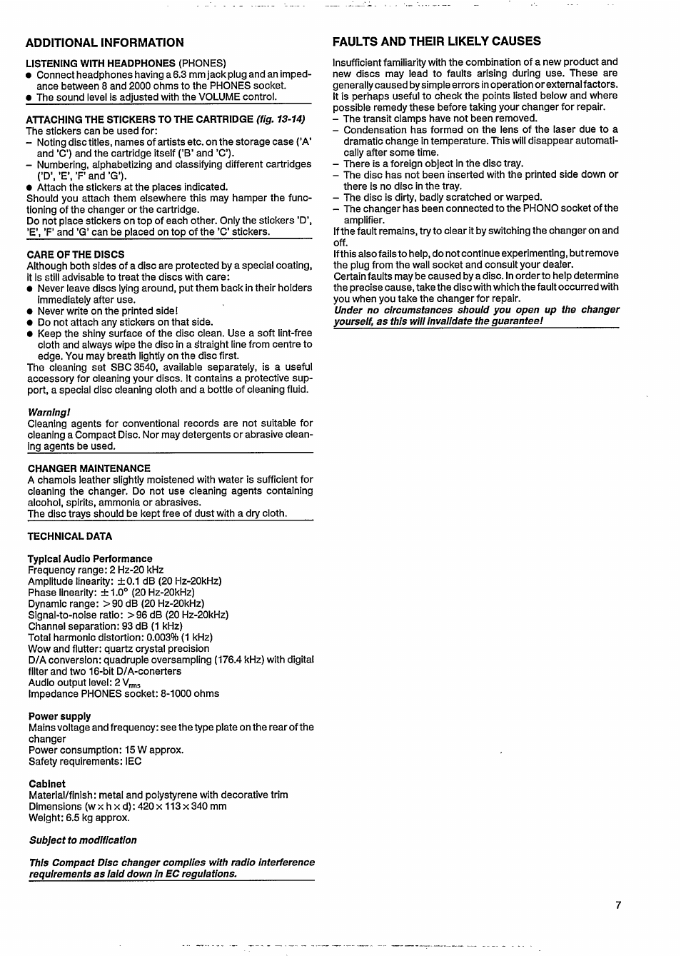 Additional information, Faults and their likely causes | Philips CDC 875 User Manual | Page 9 / 14