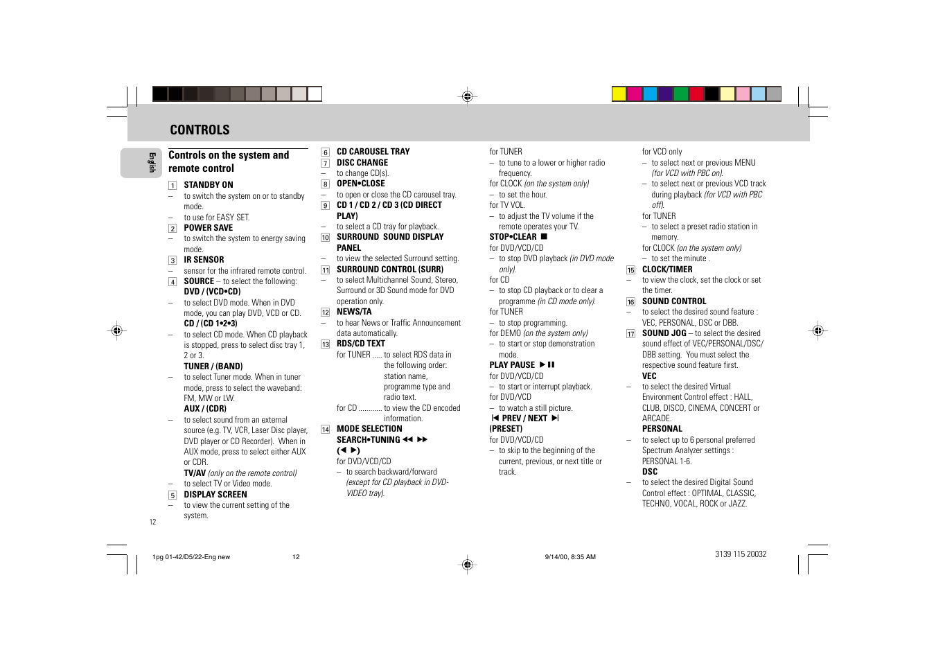 Controls | Philips FW D5 User Manual | Page 12 / 42
