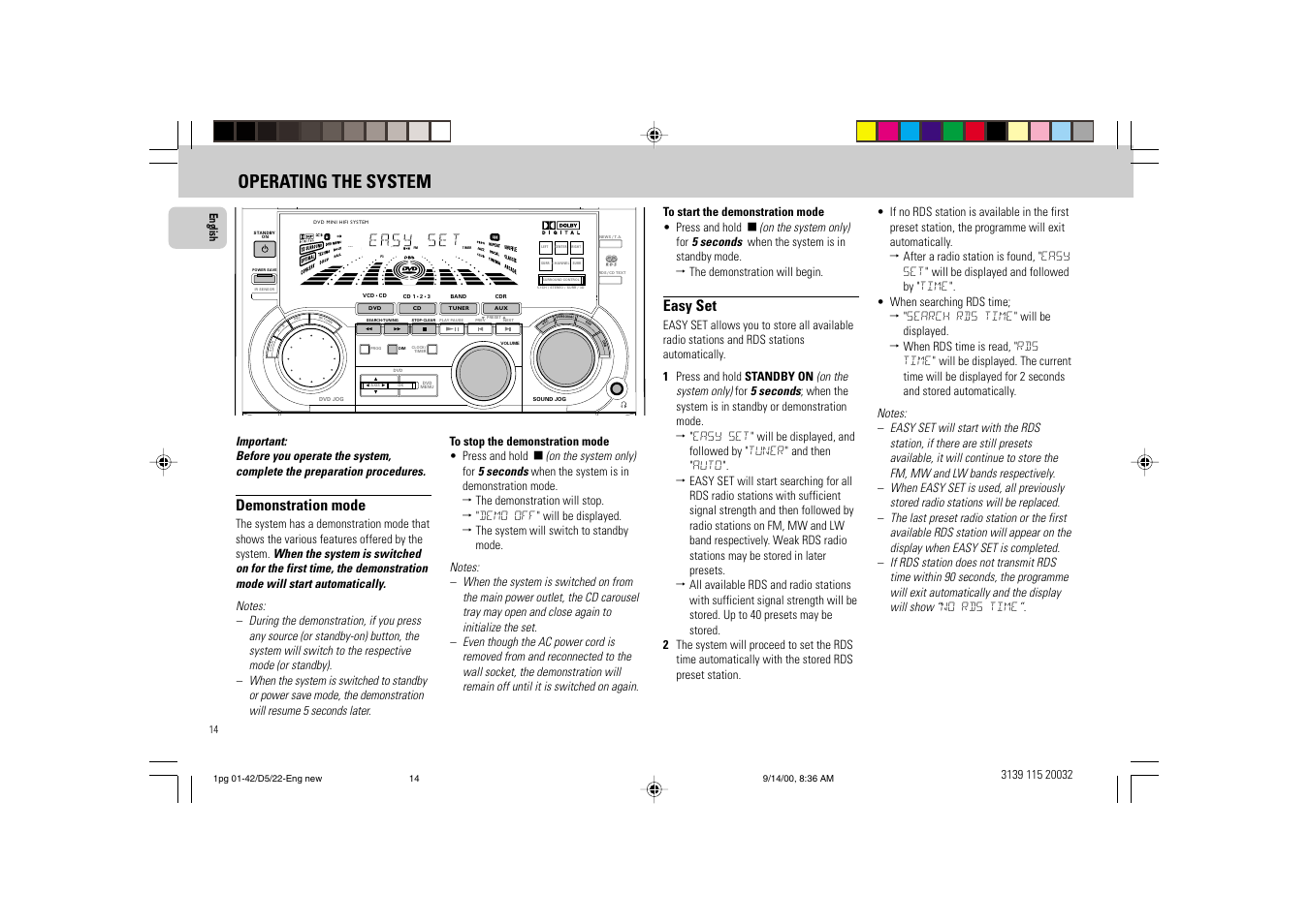 Operating the system, Demonstration mode, Easy set | Philips FW D5 User Manual | Page 14 / 42