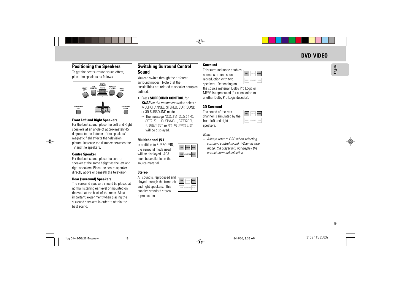 Dvd-video, Positioning the speakers, Switching surround control sound | English | Philips FW D5 User Manual | Page 19 / 42