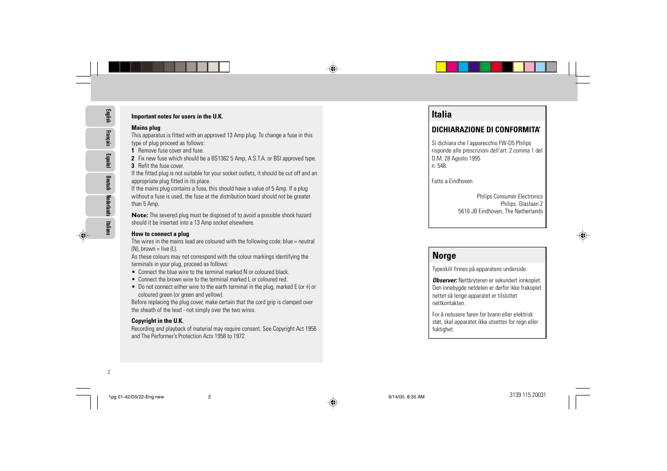 Norge, Italia | Philips FW D5 User Manual | Page 2 / 42