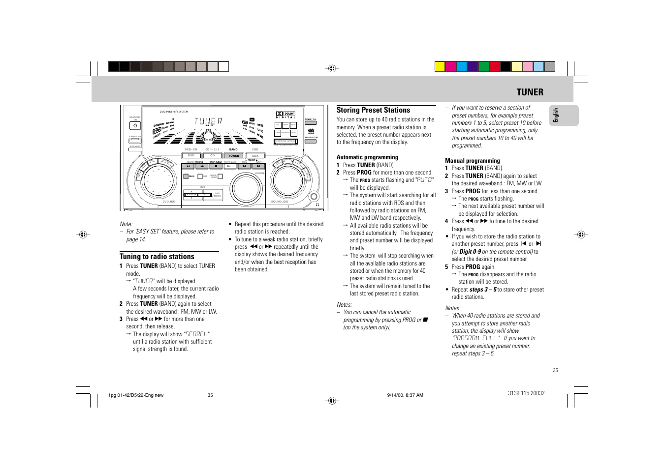 Tuner, Tuning to radio stations, Storing preset stations | Philips FW D5 User Manual | Page 35 / 42