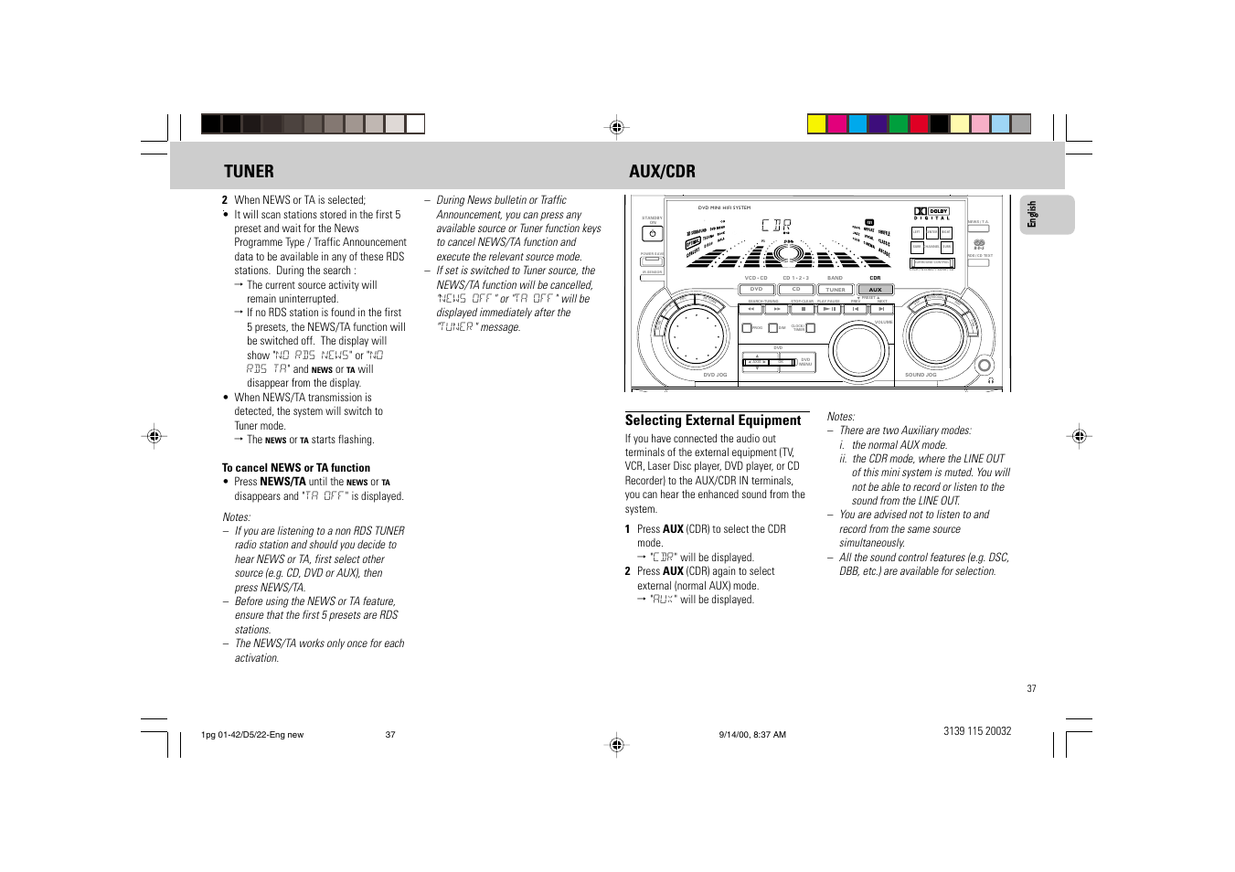Tuner aux/cdr, Selecting external equipment, English | Philips FW D5 User Manual | Page 37 / 42