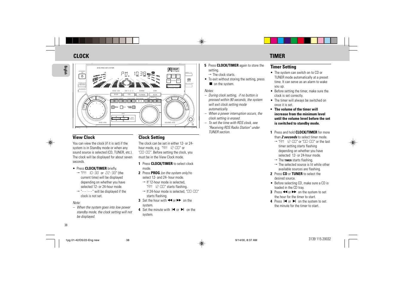 Clock timer, View clock, Clock setting | Timer setting, English | Philips FW D5 User Manual | Page 38 / 42