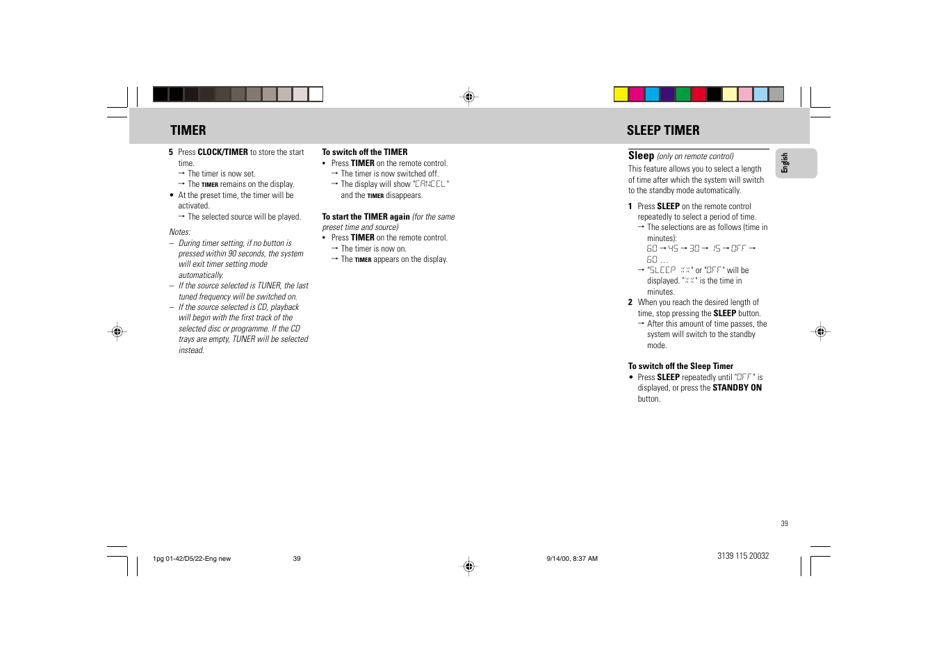 Timer sleep timer | Philips FW D5 User Manual | Page 39 / 42