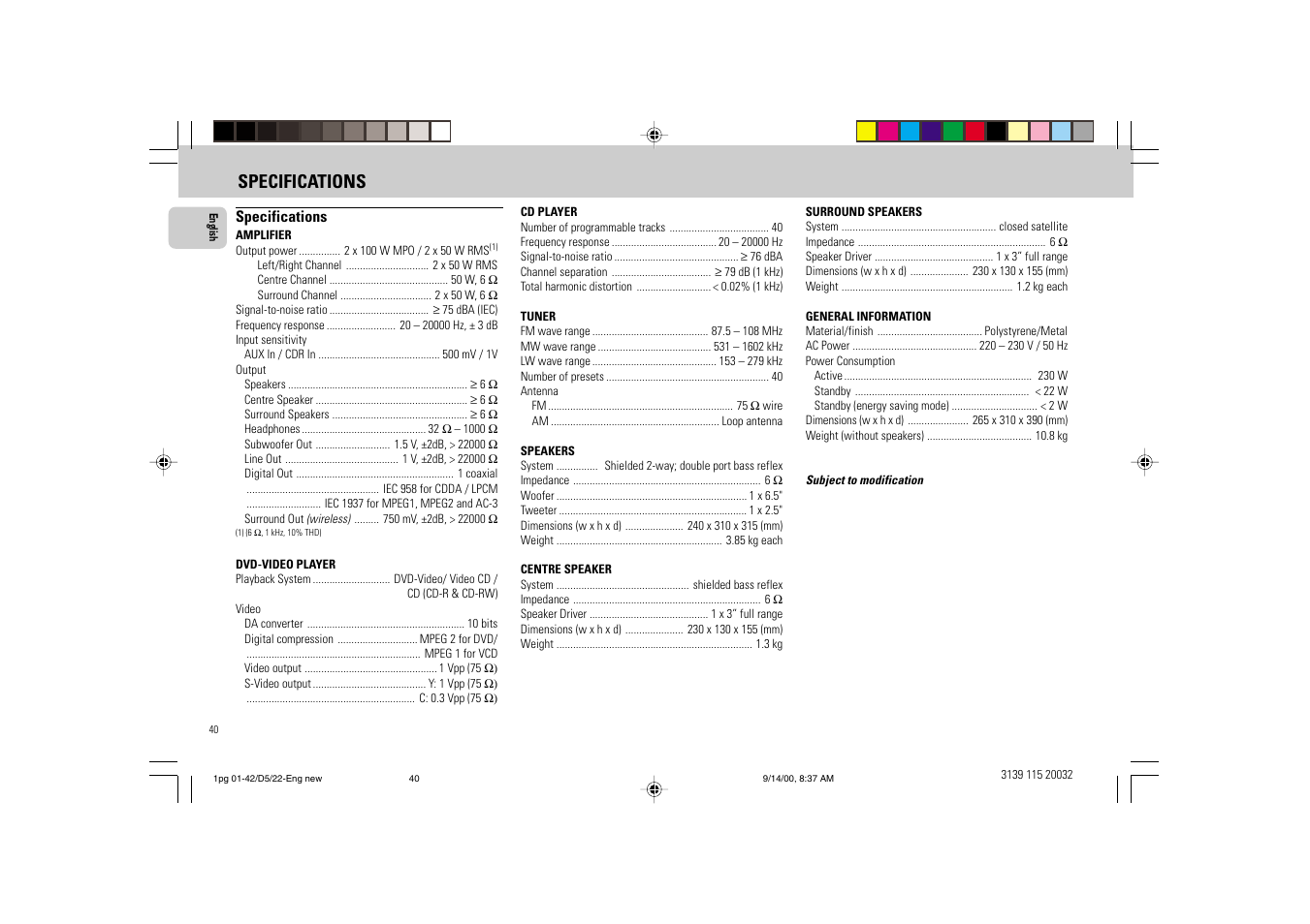 Specifications | Philips FW D5 User Manual | Page 40 / 42