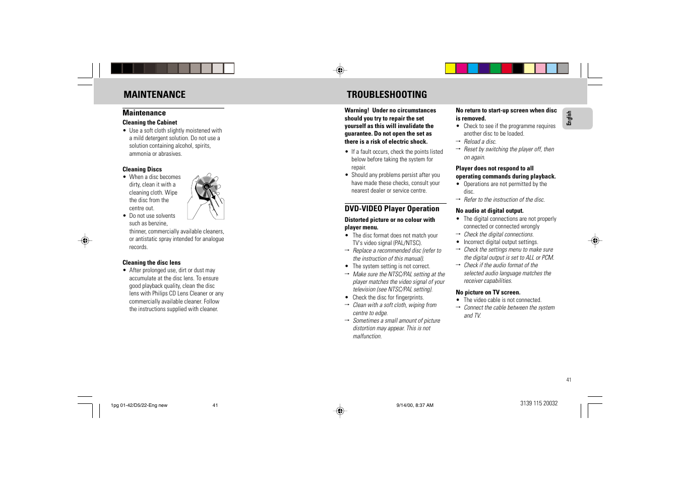 Maintenance troubleshooting | Philips FW D5 User Manual | Page 41 / 42