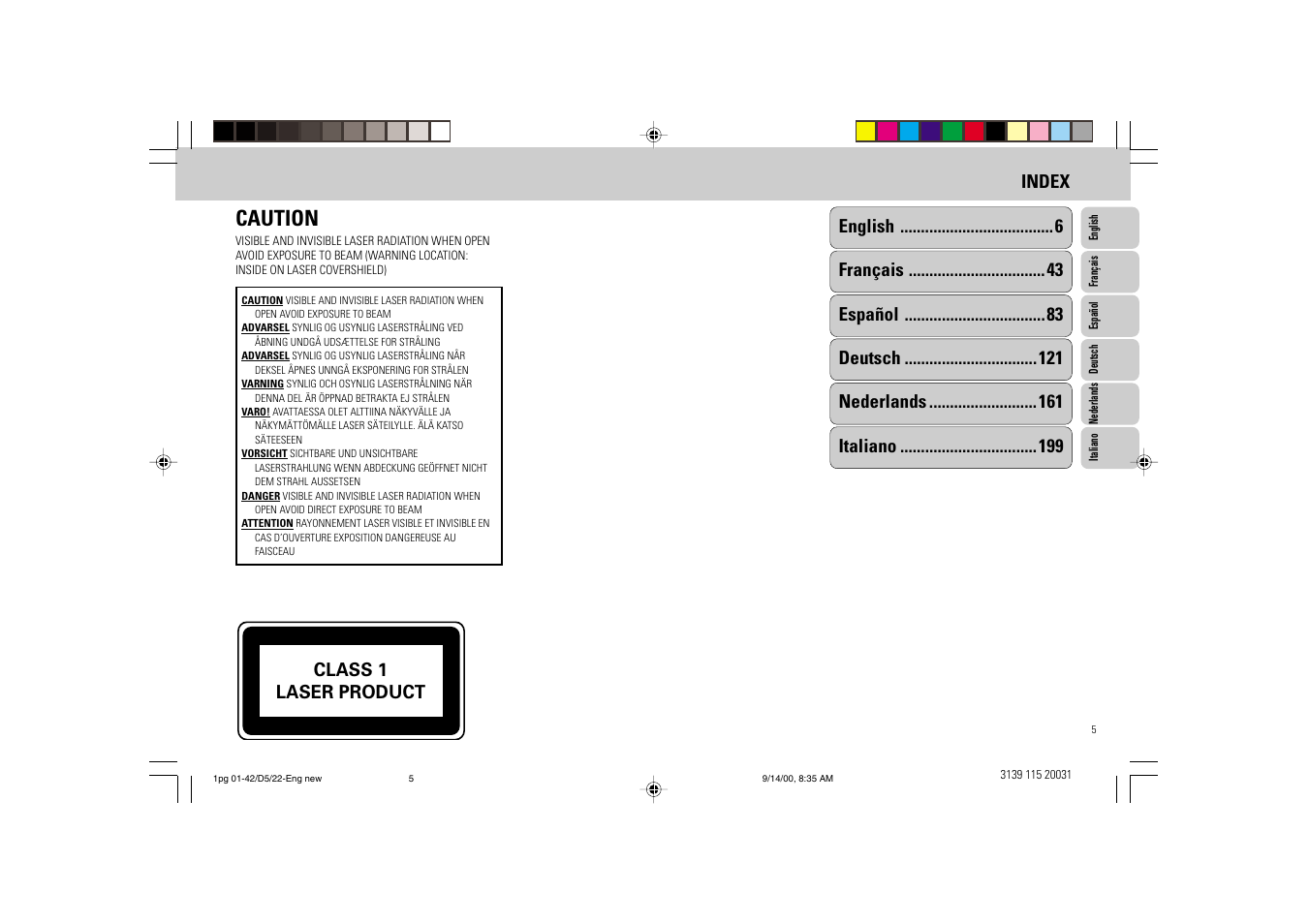 Caution, Class 1 laser product | Philips FW D5 User Manual | Page 5 / 42