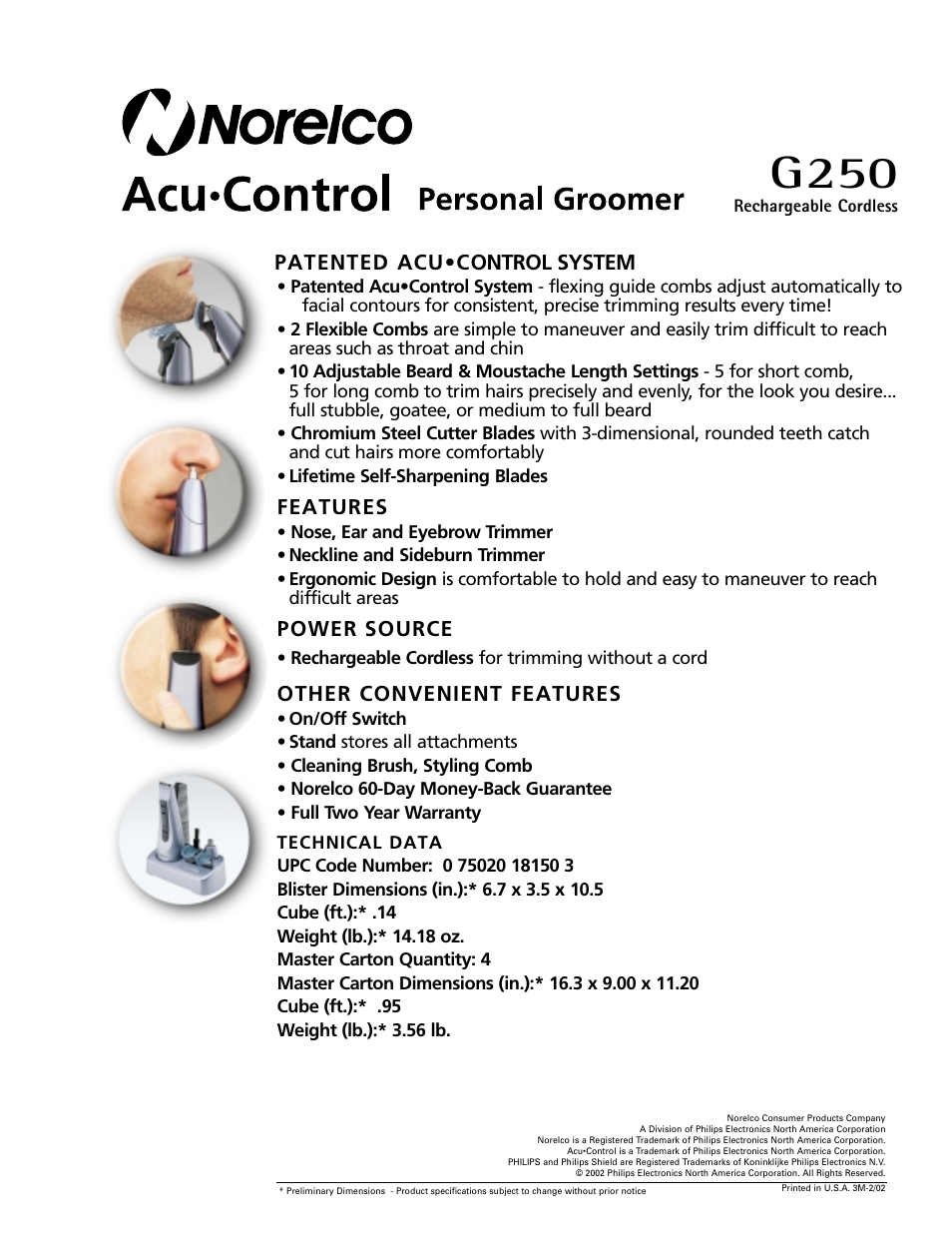 G250, Patented acu•control system, Features | Power source, Other convenient features | Philips G250 User Manual | Page 2 / 2