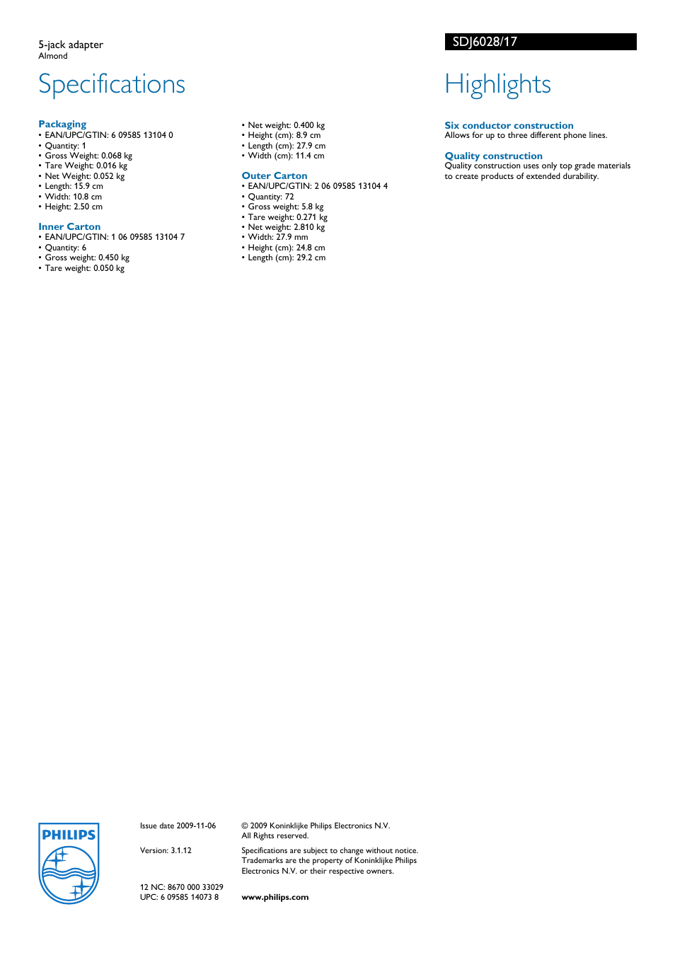 Specifications, Highlights | Philips SDJ6028 User Manual | Page 2 / 2