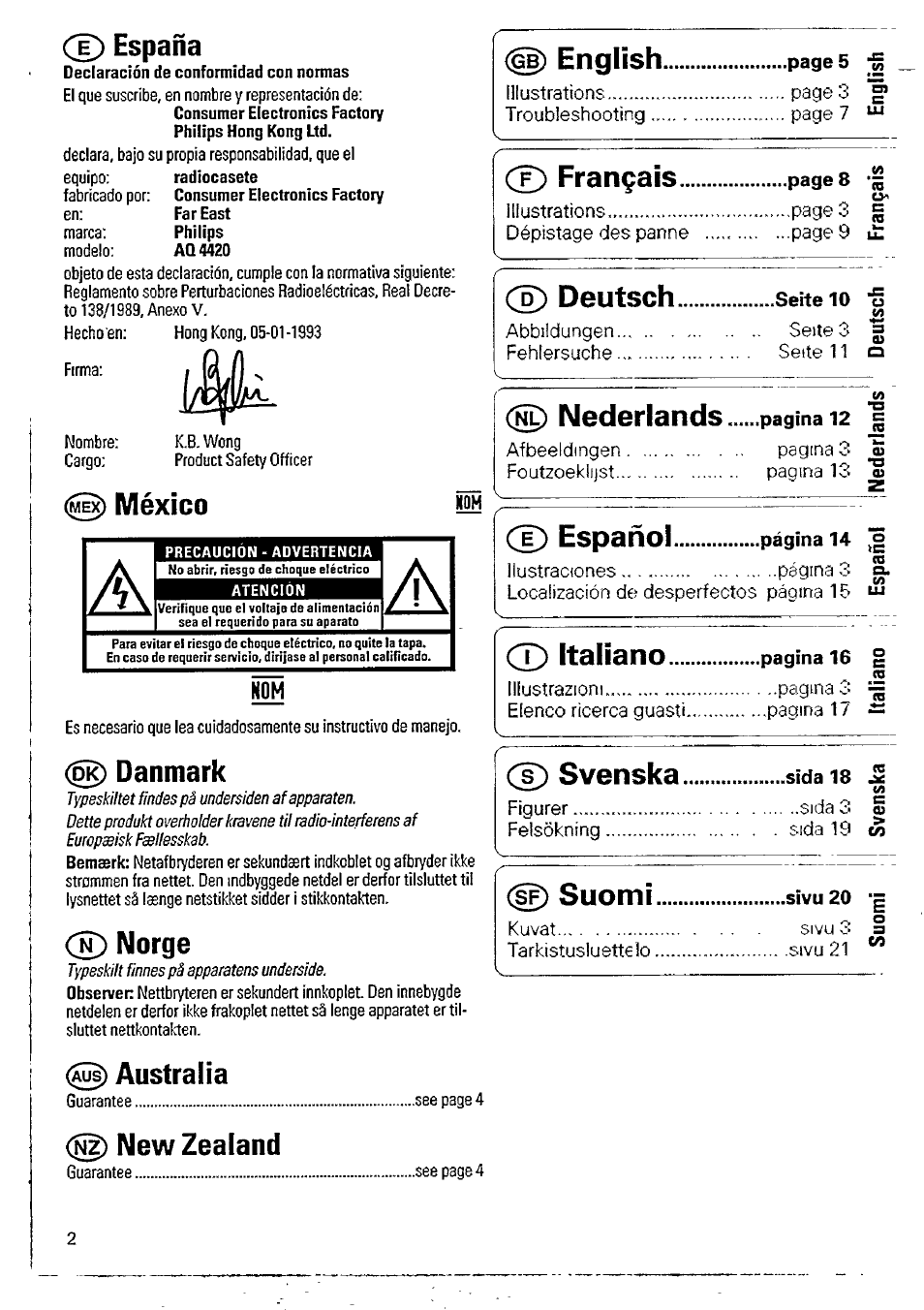 D) españa, México, Danmark | Norge, Australia, New zealand | Philips AQ 4420 User Manual | Page 2 / 11