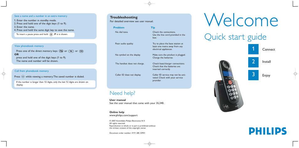 Save a name and a number in an extra memory, View phonebook memory, Call from phonebook memory | Welcome, Philips, Quick start guide, Need help, Connect, Install, Enjoy | Philips QSG XL340 User Manual | Page 5 / 6