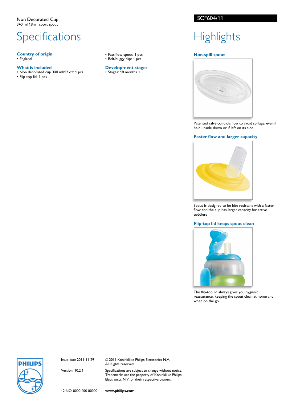 Specifications, Highlights | Philips Avent SCF604/11 User Manual | Page 2 / 2