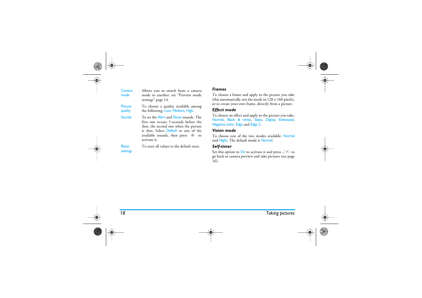 Frames, Effect mode, Vision mode | Self-timer | Philips 1800 User Manual | Page 26 / 87