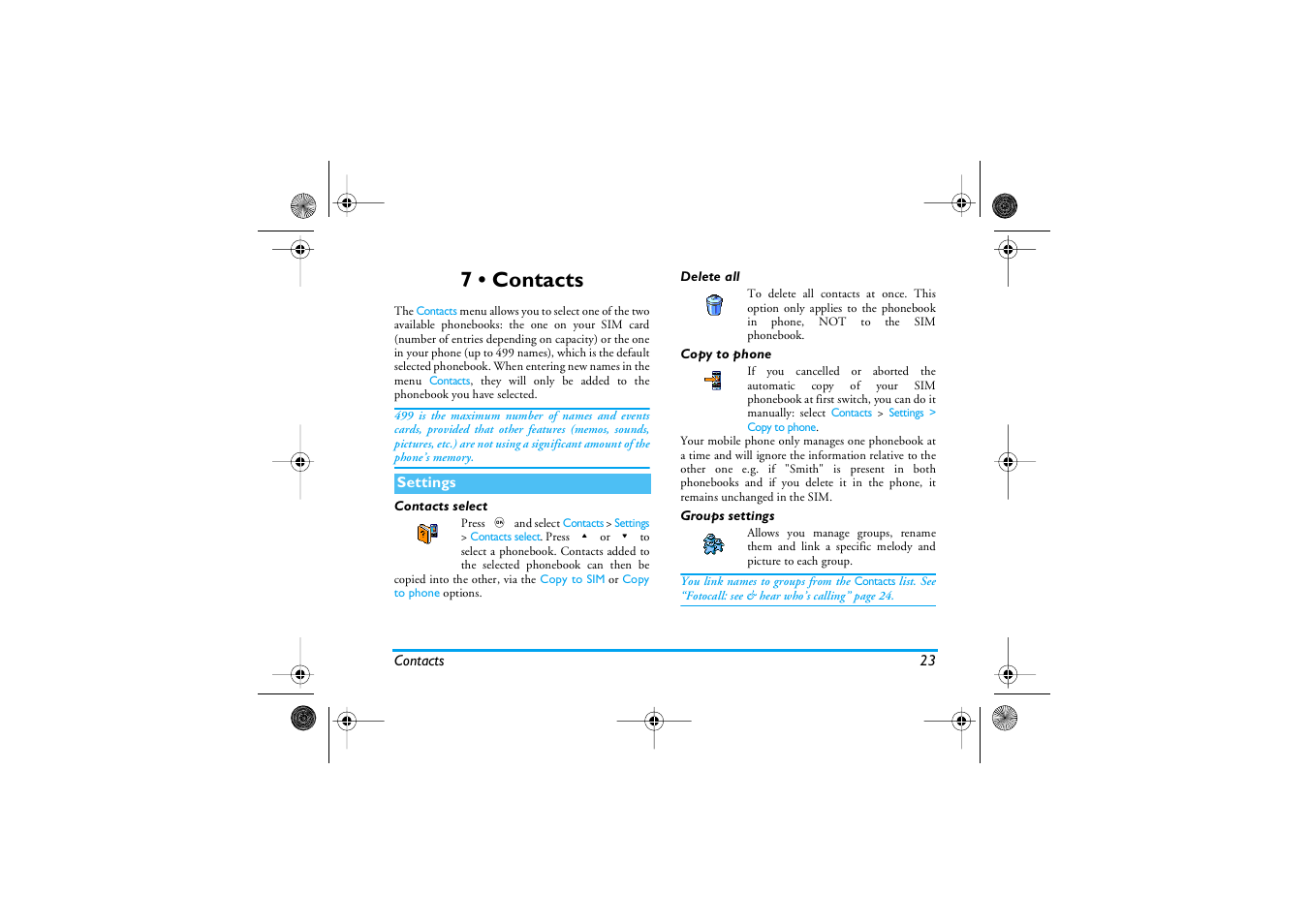 7 • contacts, Settings, Contacts select | Delete all, Copy to phone, Groups settings, Contacts, Contacts p23 | Philips 1800 User Manual | Page 31 / 87