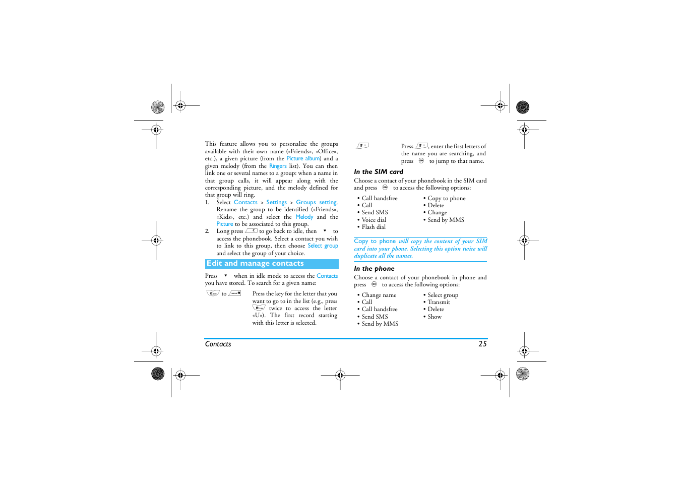 Edit and manage contacts, In the sim card, In the phone | Philips 1800 User Manual | Page 33 / 87