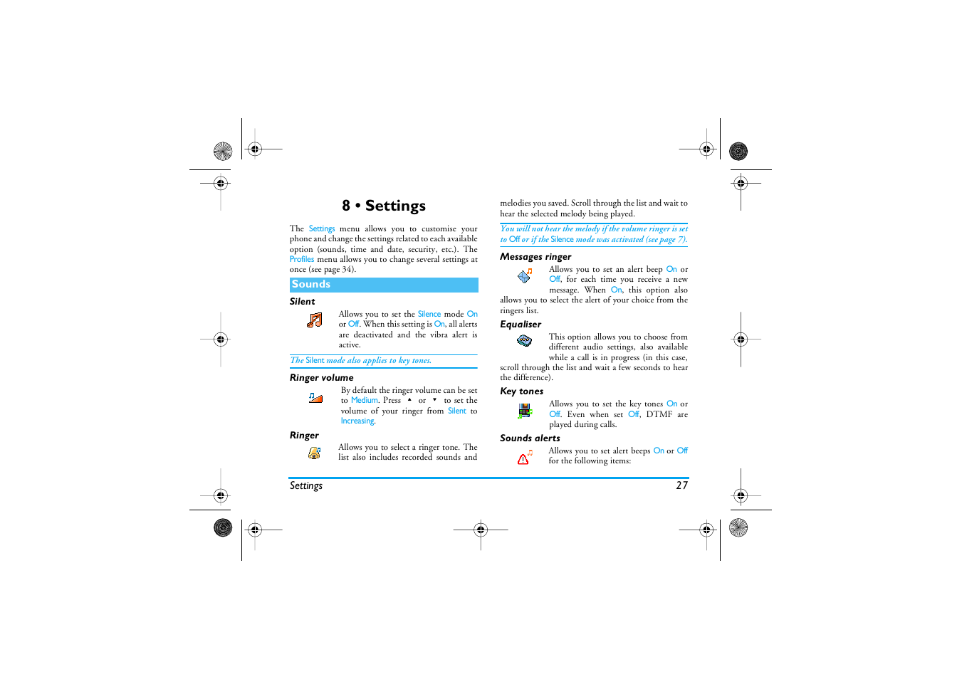 8 • settings, Sounds, Silent | Ringer volume, Ringer, Messages ringer, Equaliser, Key tones, Sounds alerts, Settings | Philips 1800 User Manual | Page 35 / 87