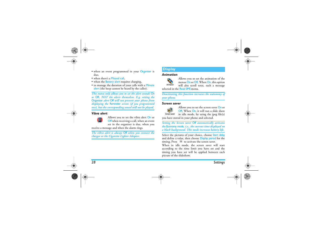 Vibra alert, Display, Animation | Screen saver, Display p28, Screen saver / animation | Philips 1800 User Manual | Page 36 / 87