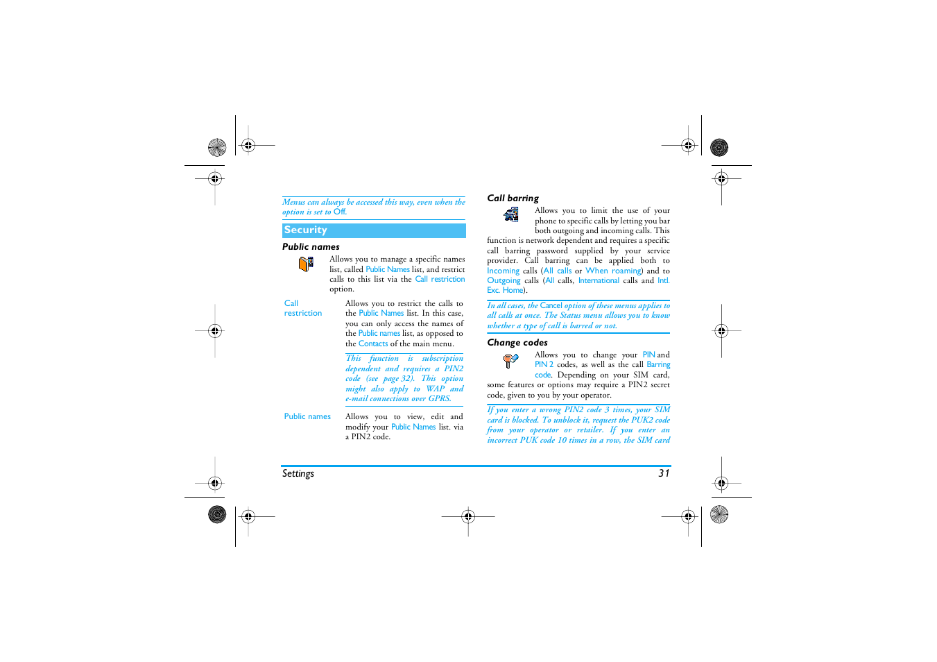 Security, Public names, Call barring | Change codes, Security p31, Call barring / change codes | Philips 1800 User Manual | Page 39 / 87