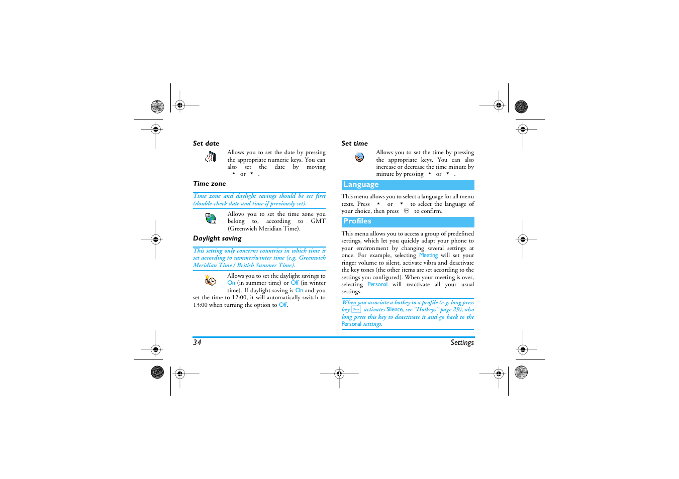 Set date, Time zone, Daylight saving | Set time, Language, Profiles, Daylight saving / set time, Language p34, Profiles p34 | Philips 1800 User Manual | Page 42 / 87