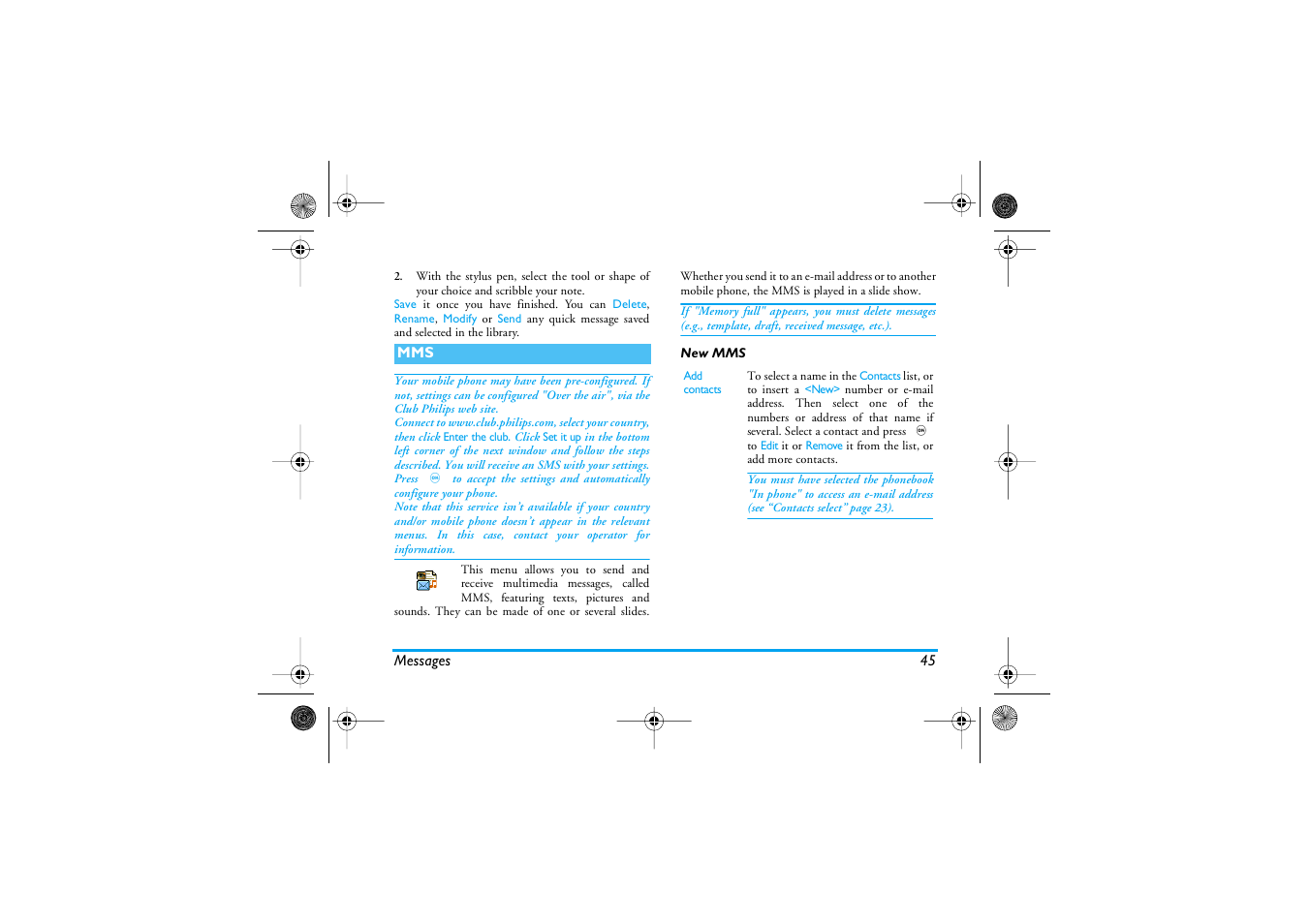 New mms, Mms p45 | Philips 1800 User Manual | Page 53 / 87