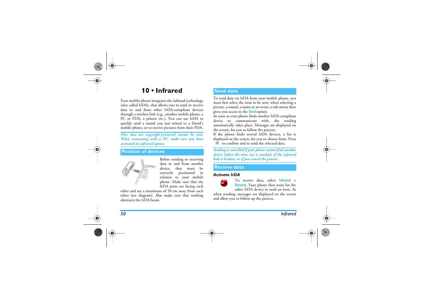 10 • infrared, Position of devices, Send data | Receive data, Activate irda, Infrared, Infrared p50 | Philips 1800 User Manual | Page 58 / 87