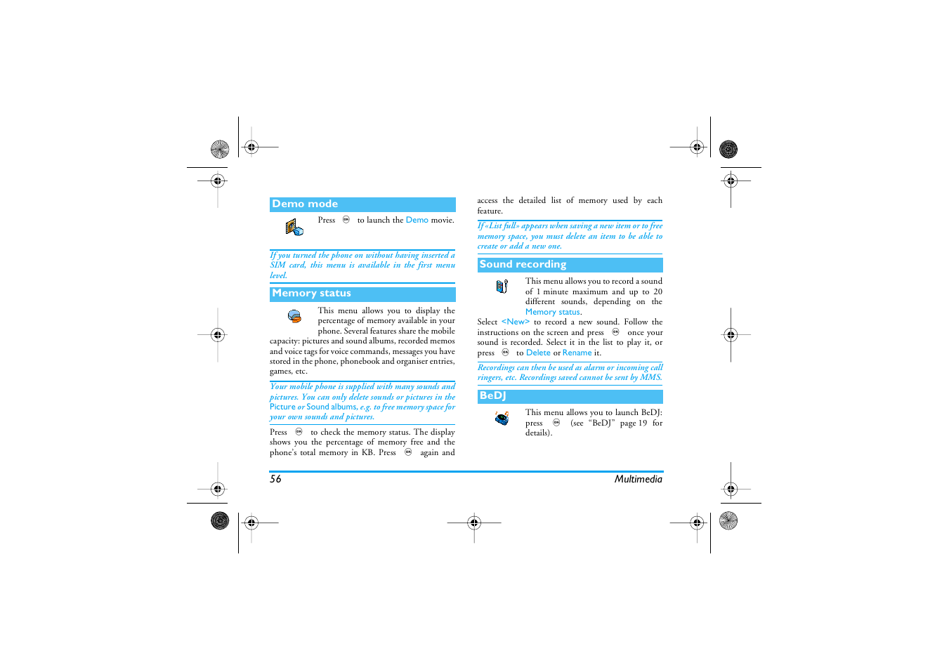 Demo mode, Memory status, Sound recording | Bedj, Demo mode p56, Memory status p56, Sound recording p56, Bedj p56 | Philips 1800 User Manual | Page 64 / 87