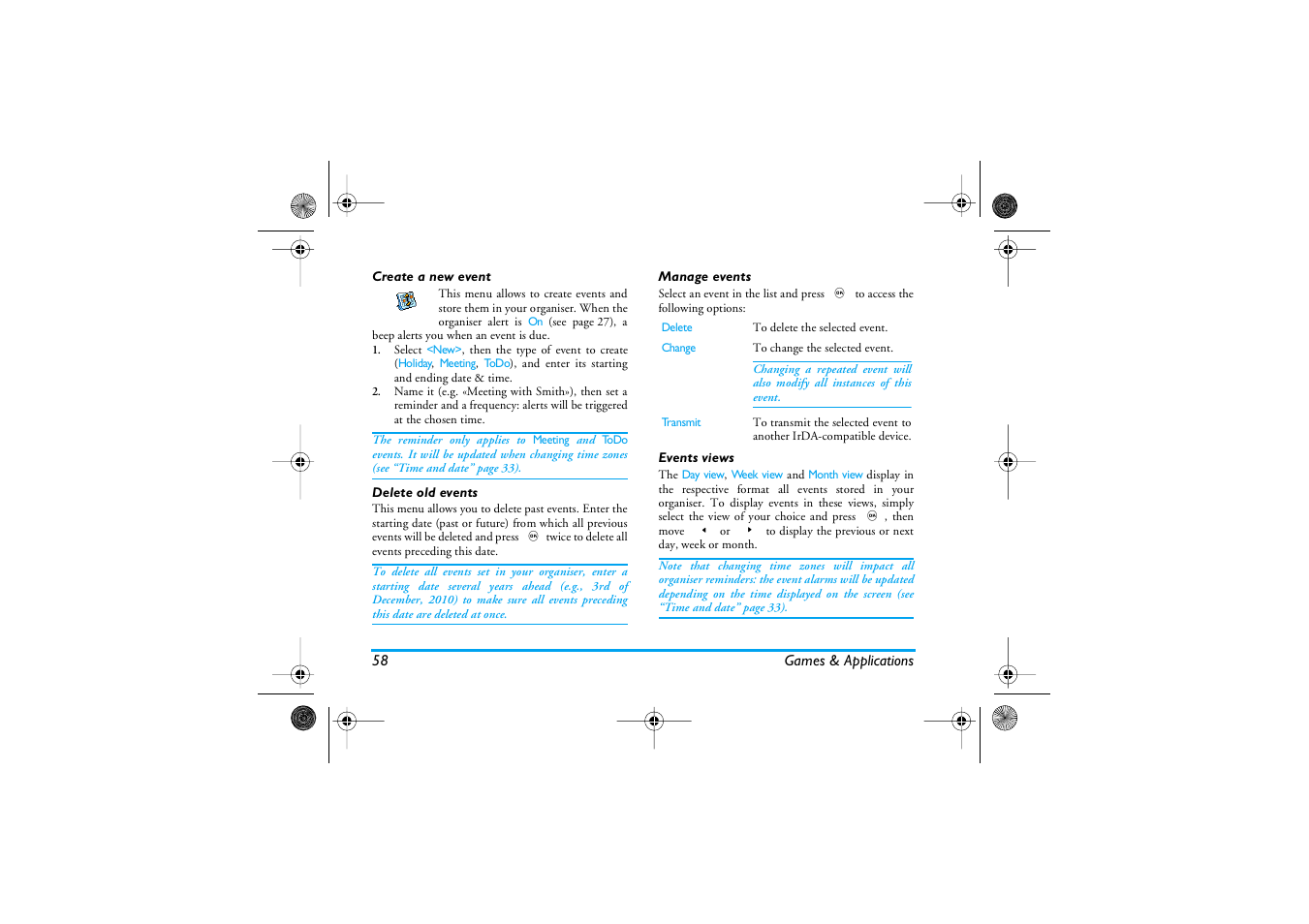 Create a new event, Delete old events, Manage events | Events views | Philips 1800 User Manual | Page 66 / 87