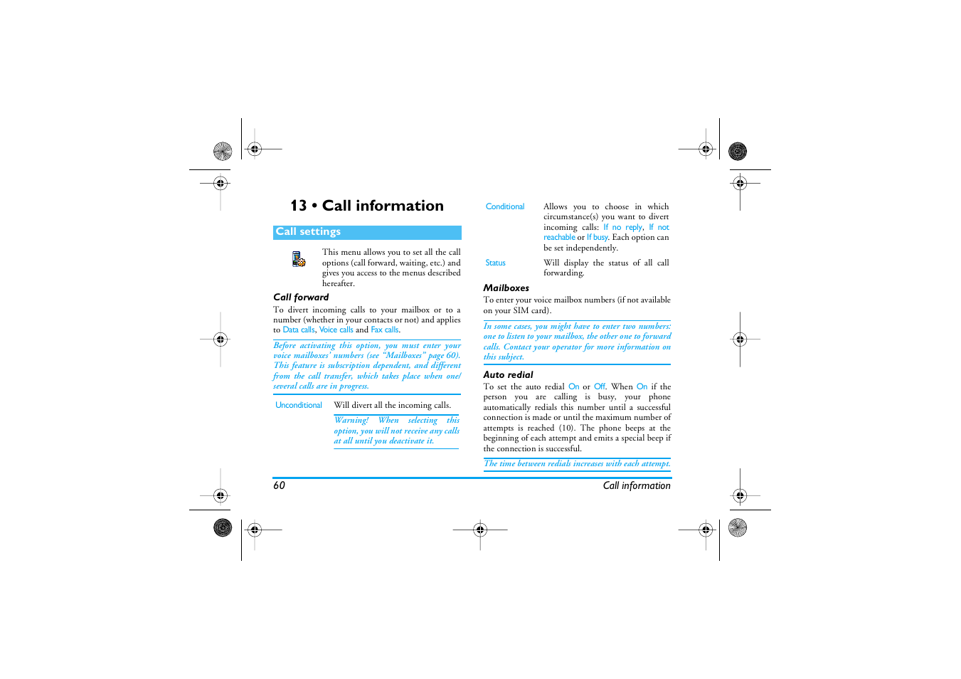 13 • call information, Call settings, Call forward | Mailboxes, Auto redial, Call information, Call information p60, Call settings p60, Call forward / mailboxes / auto redial / a | Philips 1800 User Manual | Page 68 / 87