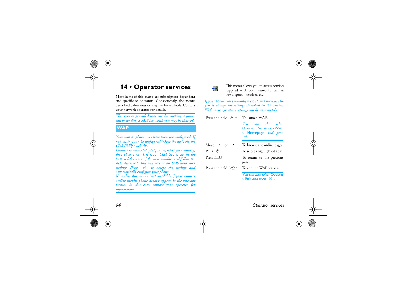 14 • operator services, Operator services, Operator services p64 | Wap p64 | Philips 1800 User Manual | Page 72 / 87