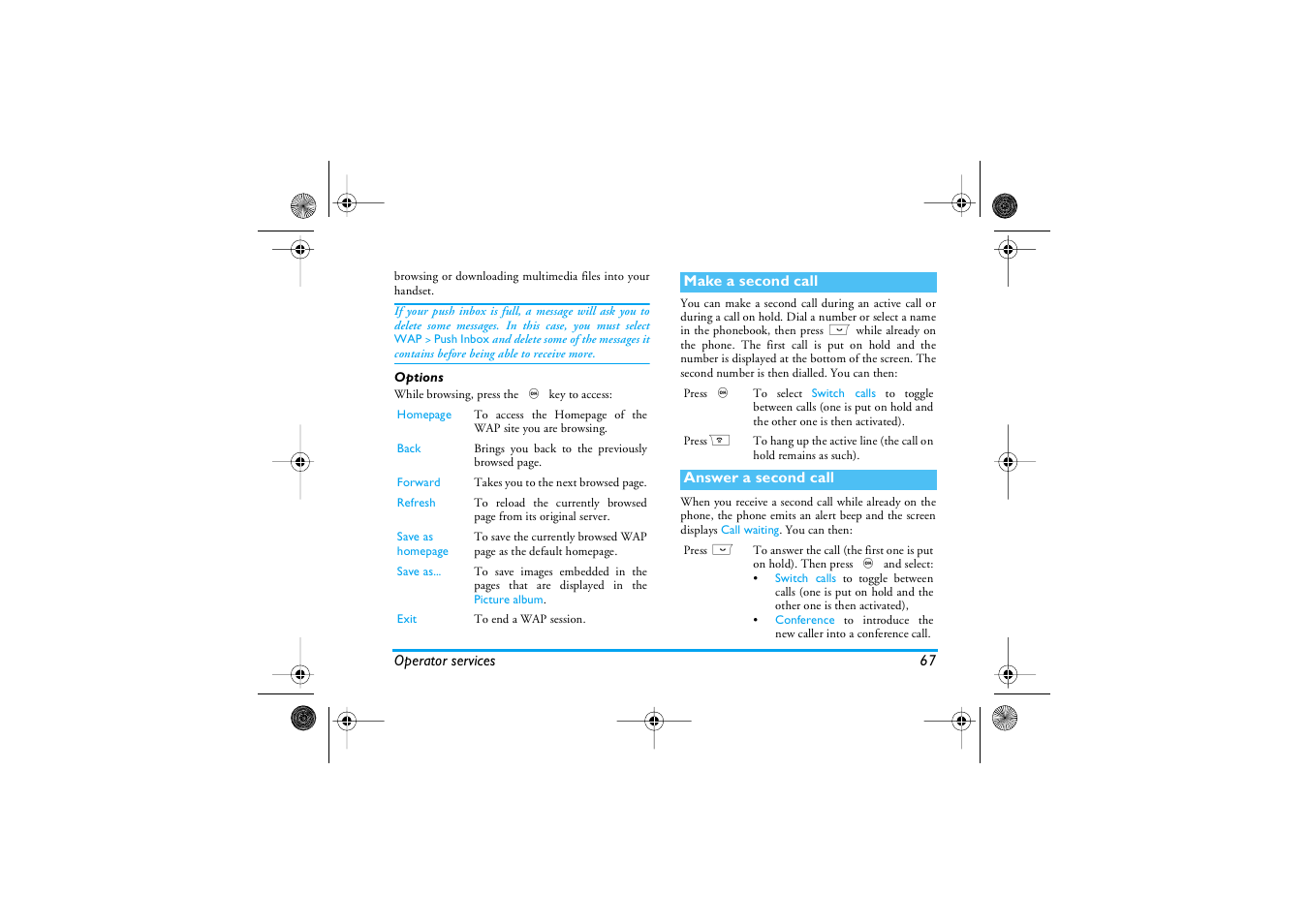 Options, Make a second call, Answer a second call | Philips 1800 User Manual | Page 75 / 87