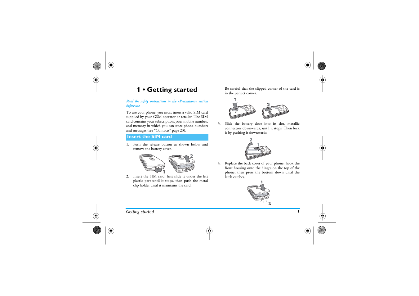 1 • getting started, Insert the sim card, Getting started | Philips 1800 User Manual | Page 9 / 87