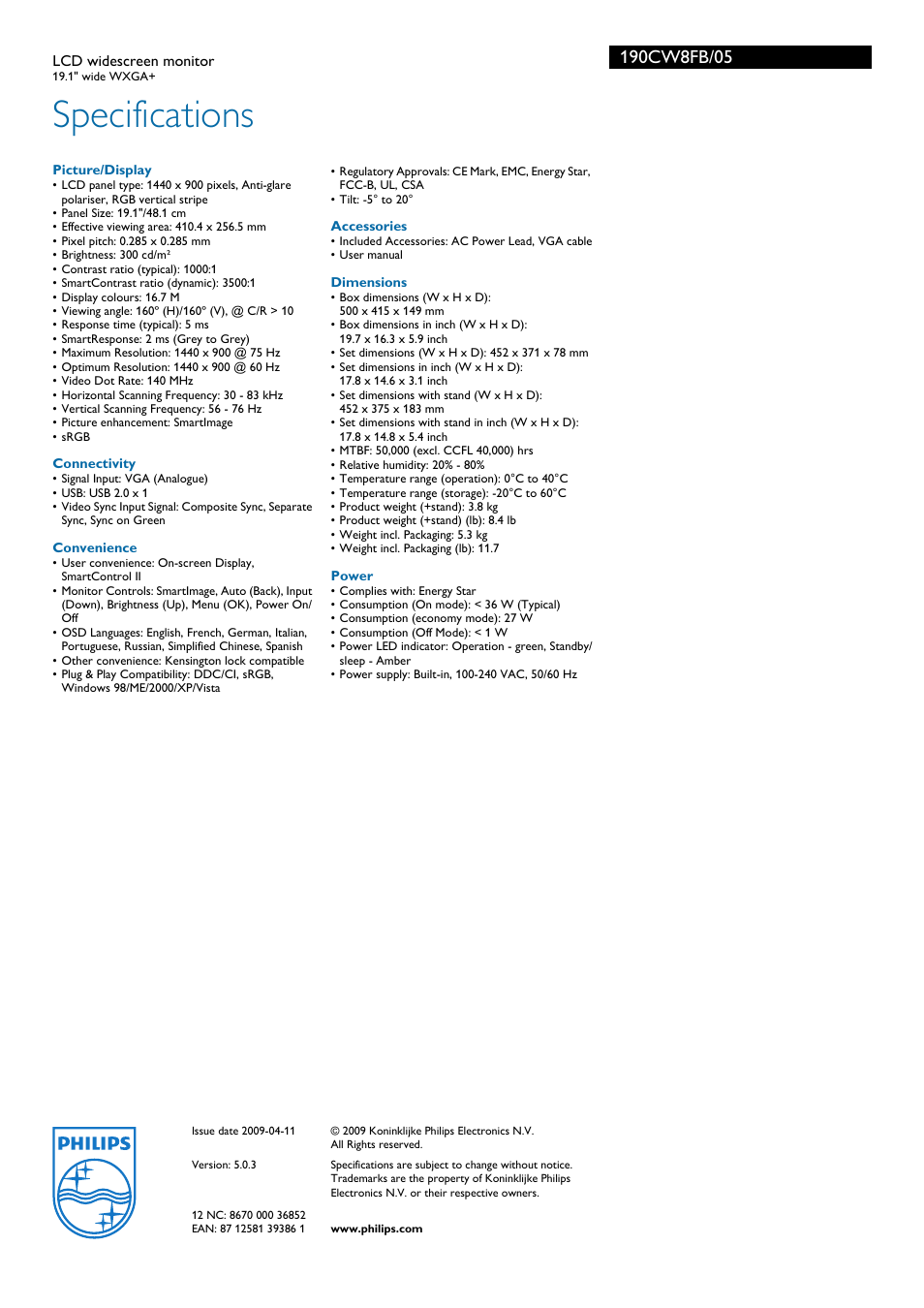 Specifications | Philips SRM-230U User Manual | Page 3 / 3